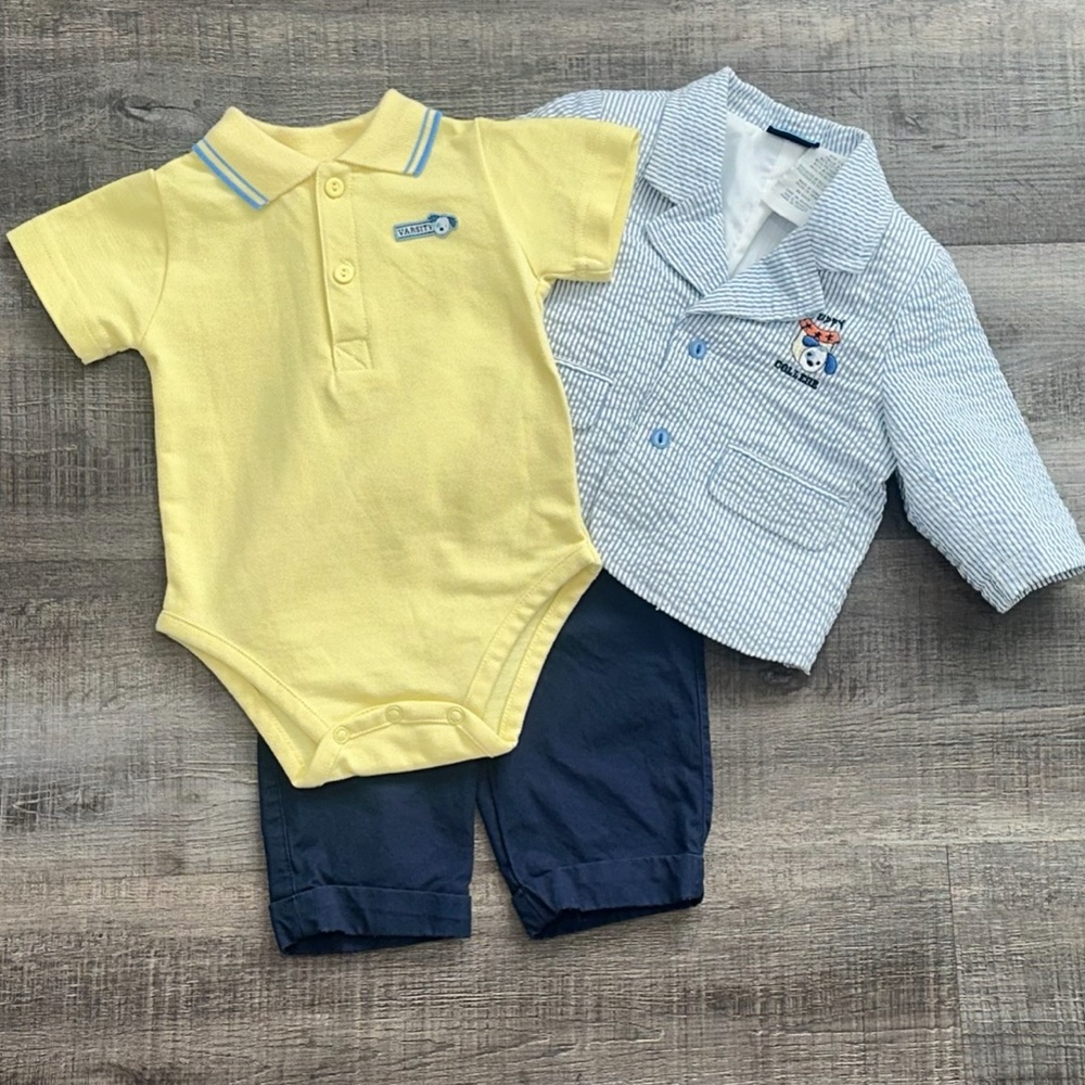 New Baby Boy Size 3-6 Months Puppy Onesie, Blue Slacks & Blazer-Style Coat Set